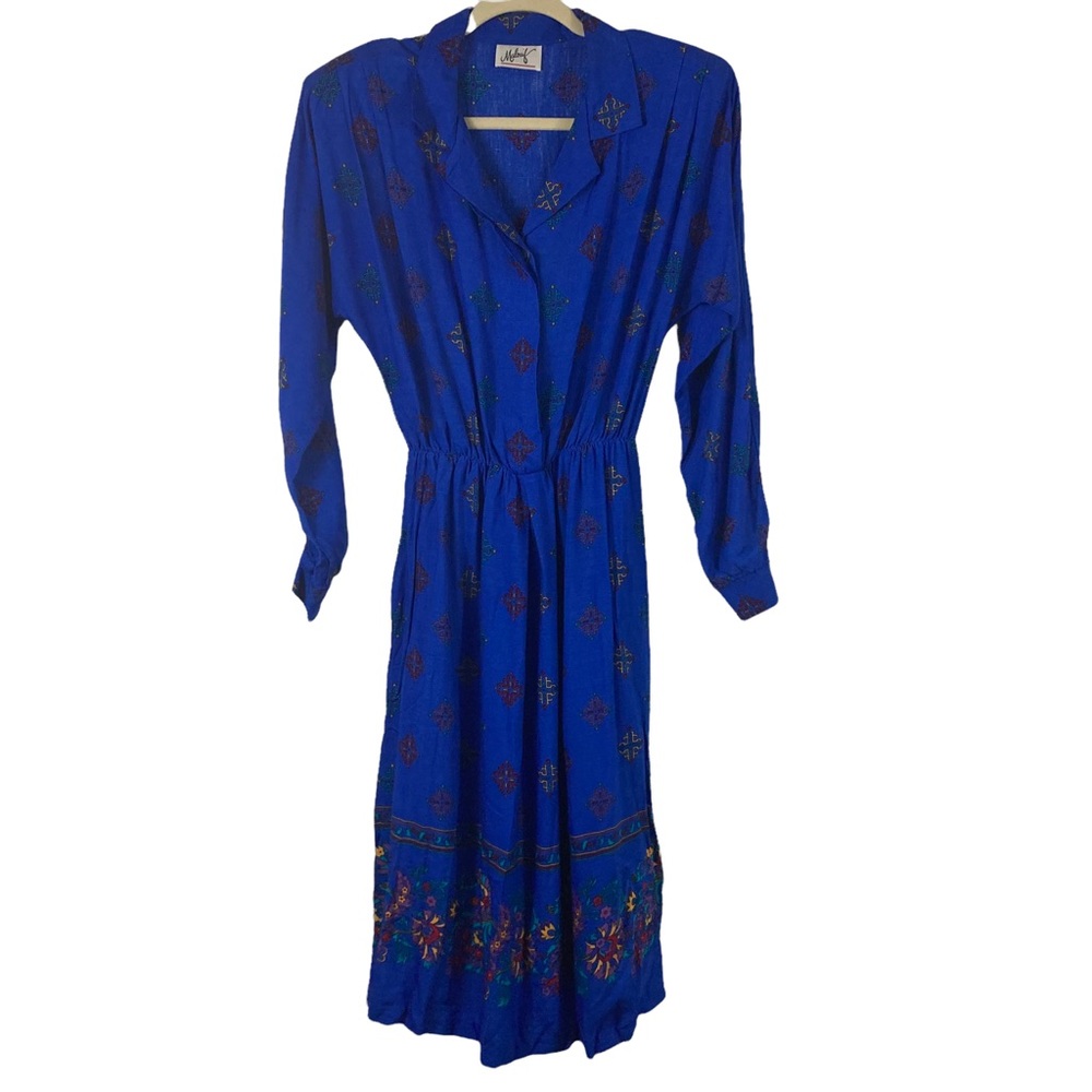 VINTAGE MALOUF LONG SLEEVE BLUE RETRO MIDI DRESS
